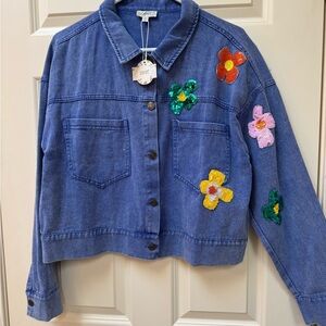 Oddy Blue Denim Jean Jacket with Sequin Flower Accents
